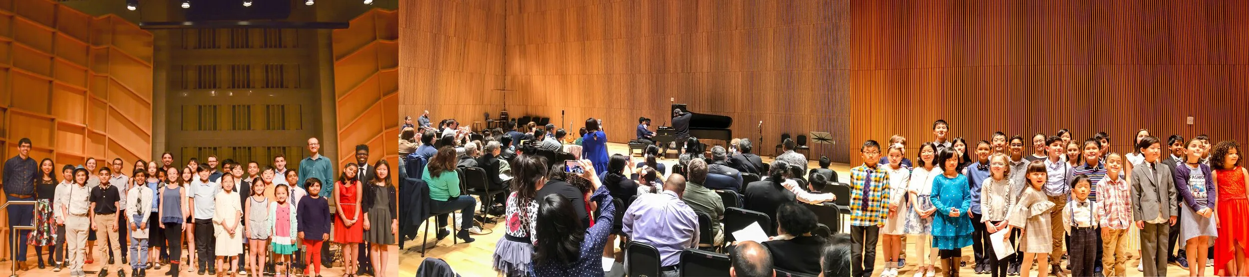 A panoramic banner combining three photos of students and families gathered on wood-paneled concert stages.