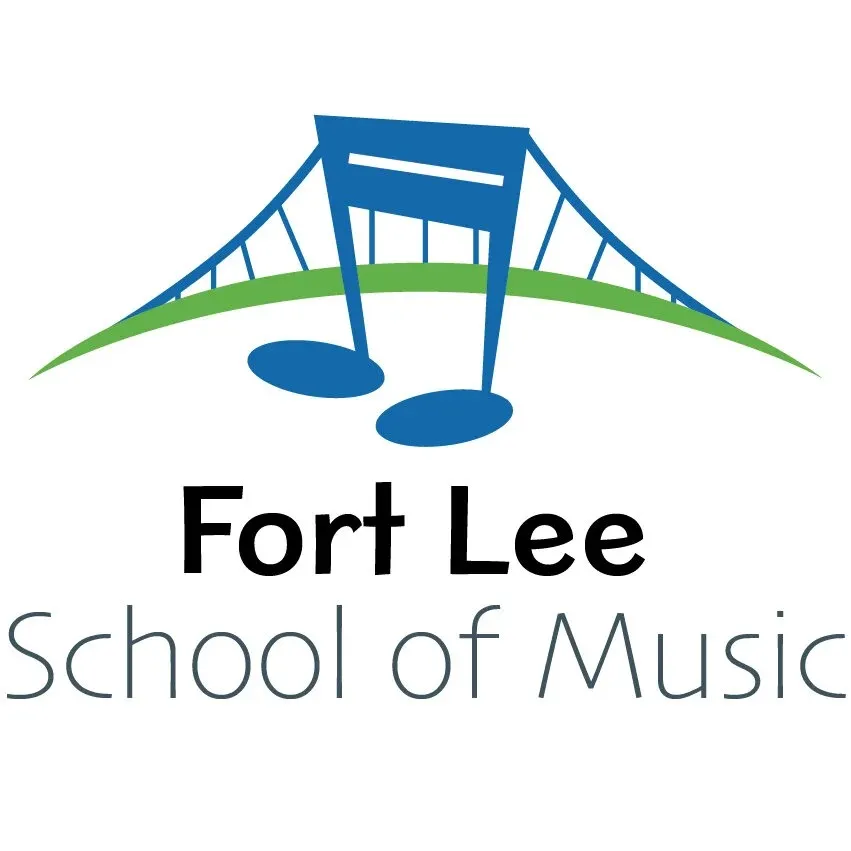 The Fort Lee School of Music logo: a blue suspension bridge formed from beamed music notes over a green arc, above the school name.