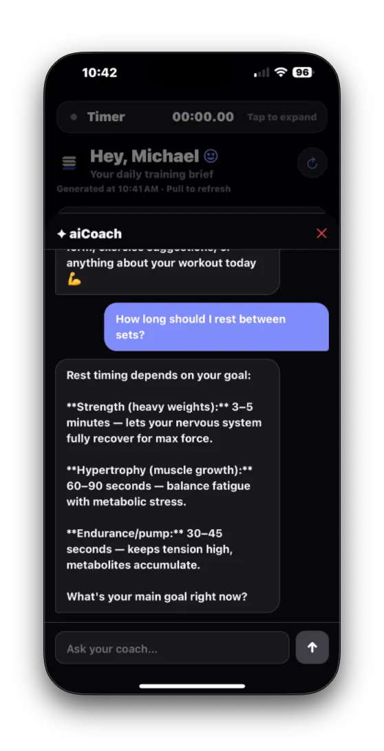 Stack app — the built-in aiCoach answering a training question about rest between sets.