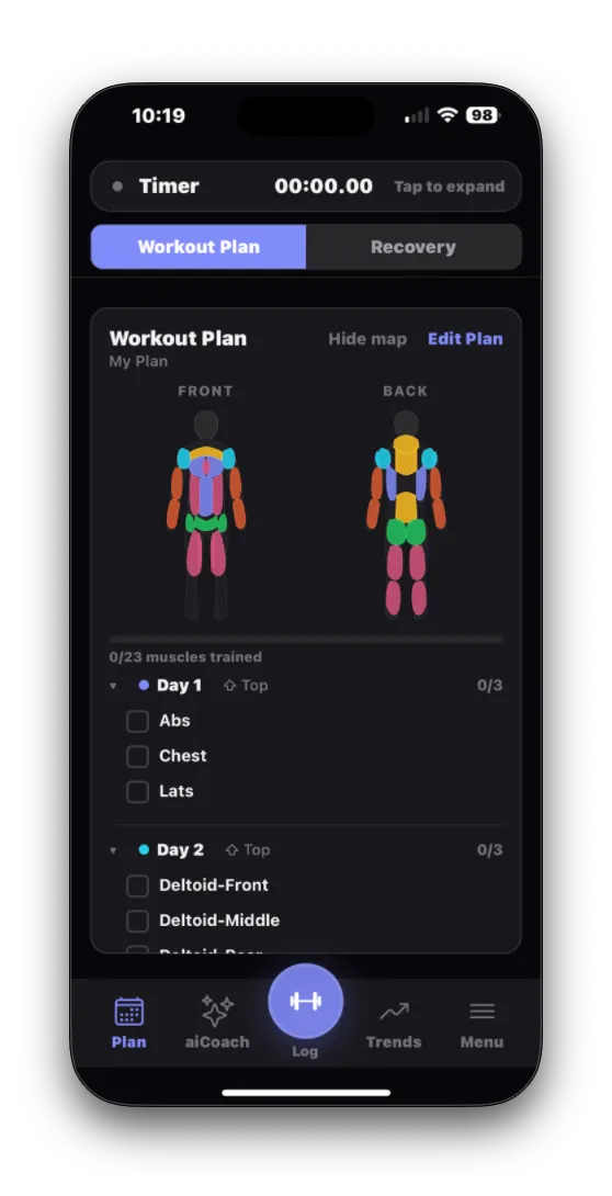 Stack app — workout plan screen with a body map and per-day muscle checklist.